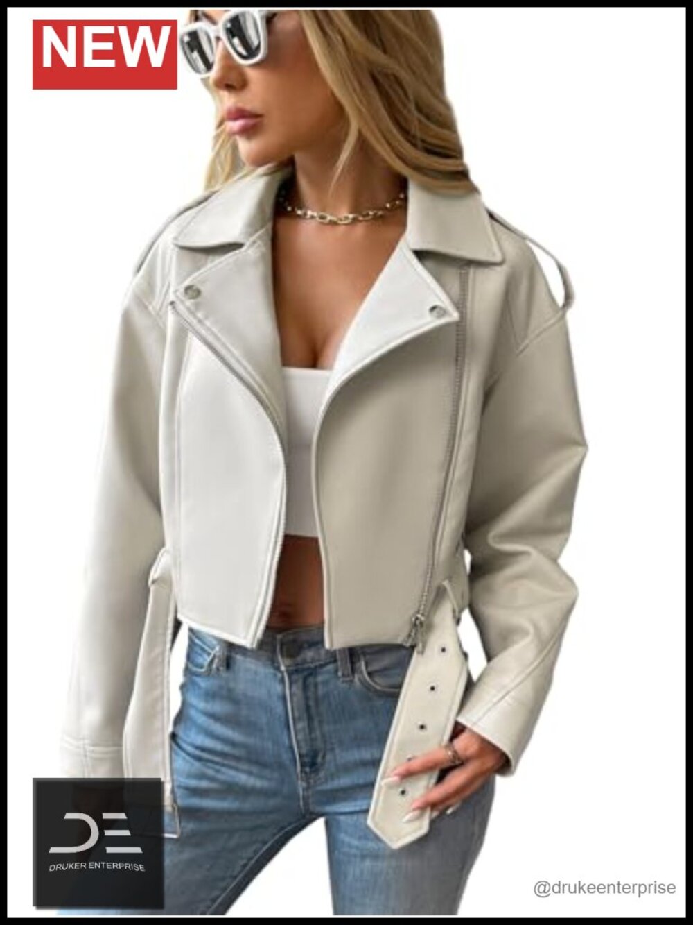 Faux Leather Cropped Moto Biker Jacket Vegan Belted Zip Coat